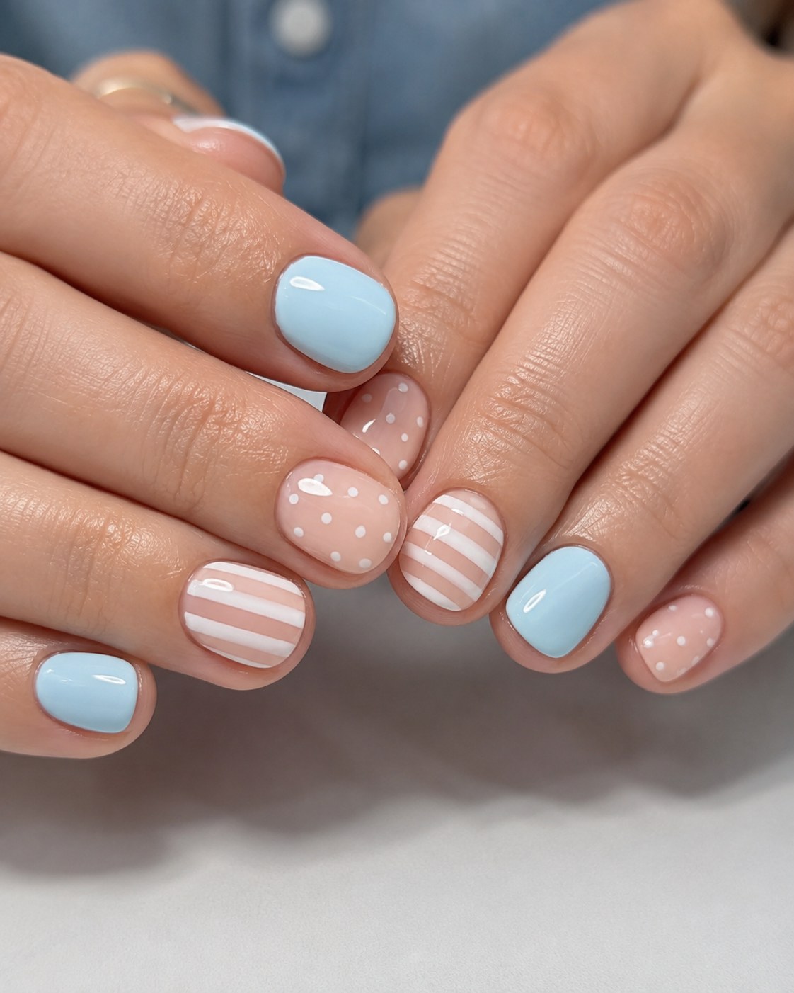 Short summer nails mixing solid blue, pink stripes and polka dot patterns