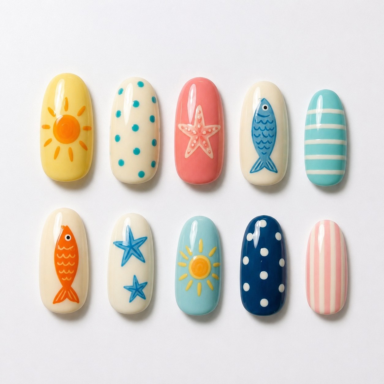 Loose set of short summer nails showing sun, starfish, fish and striped beach motifs