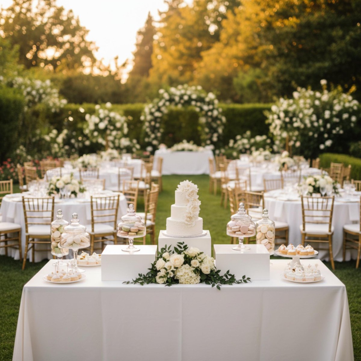 Small backyard wedding cake display