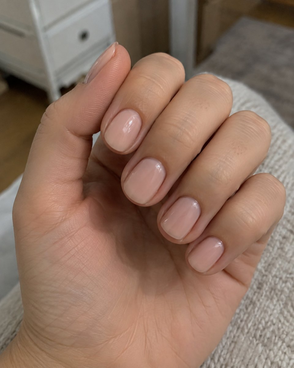 Soft nude short shellac manicure