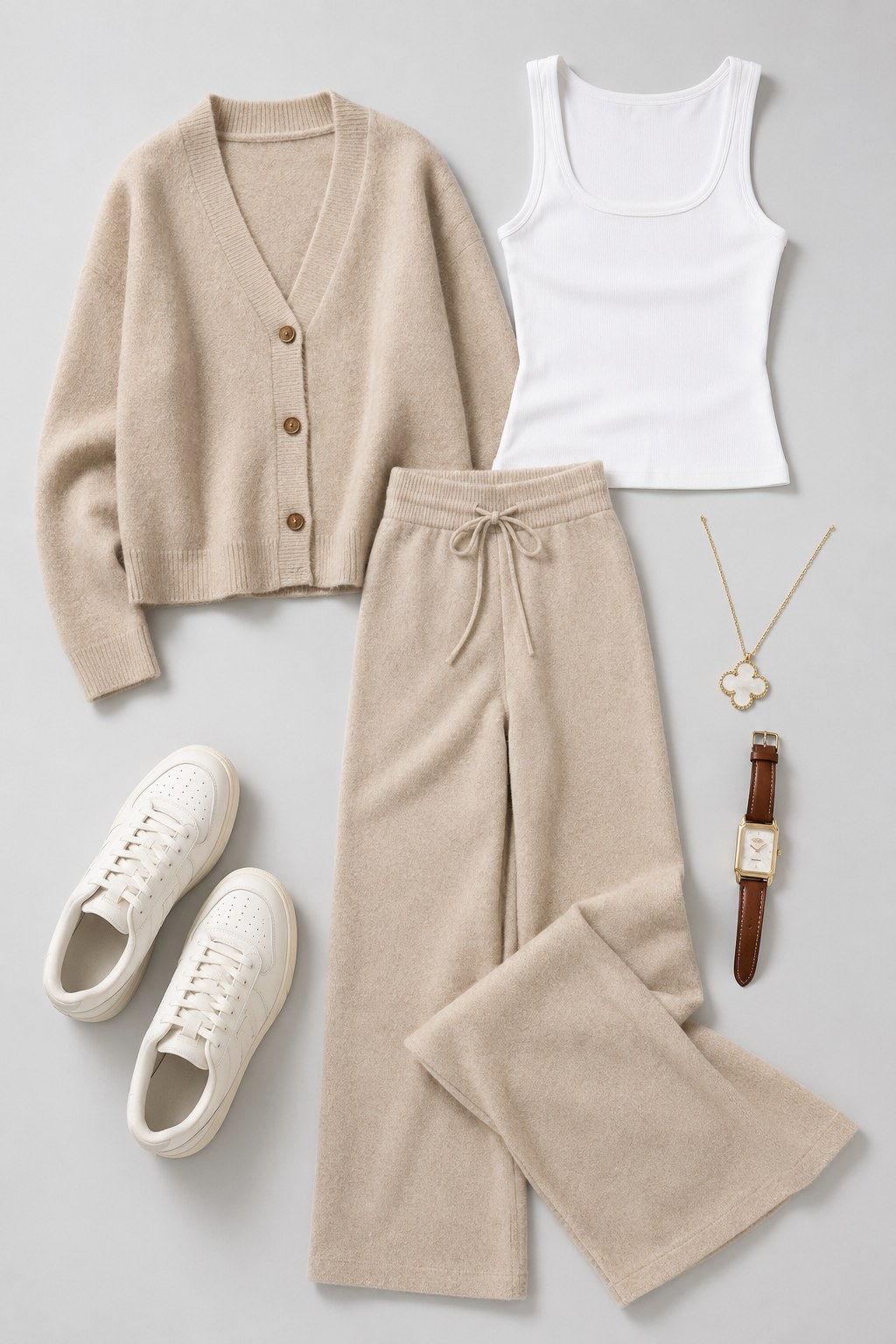 Neutral knit cardigan and wide-leg pant set styled as a spring airport outfit with white sneakers