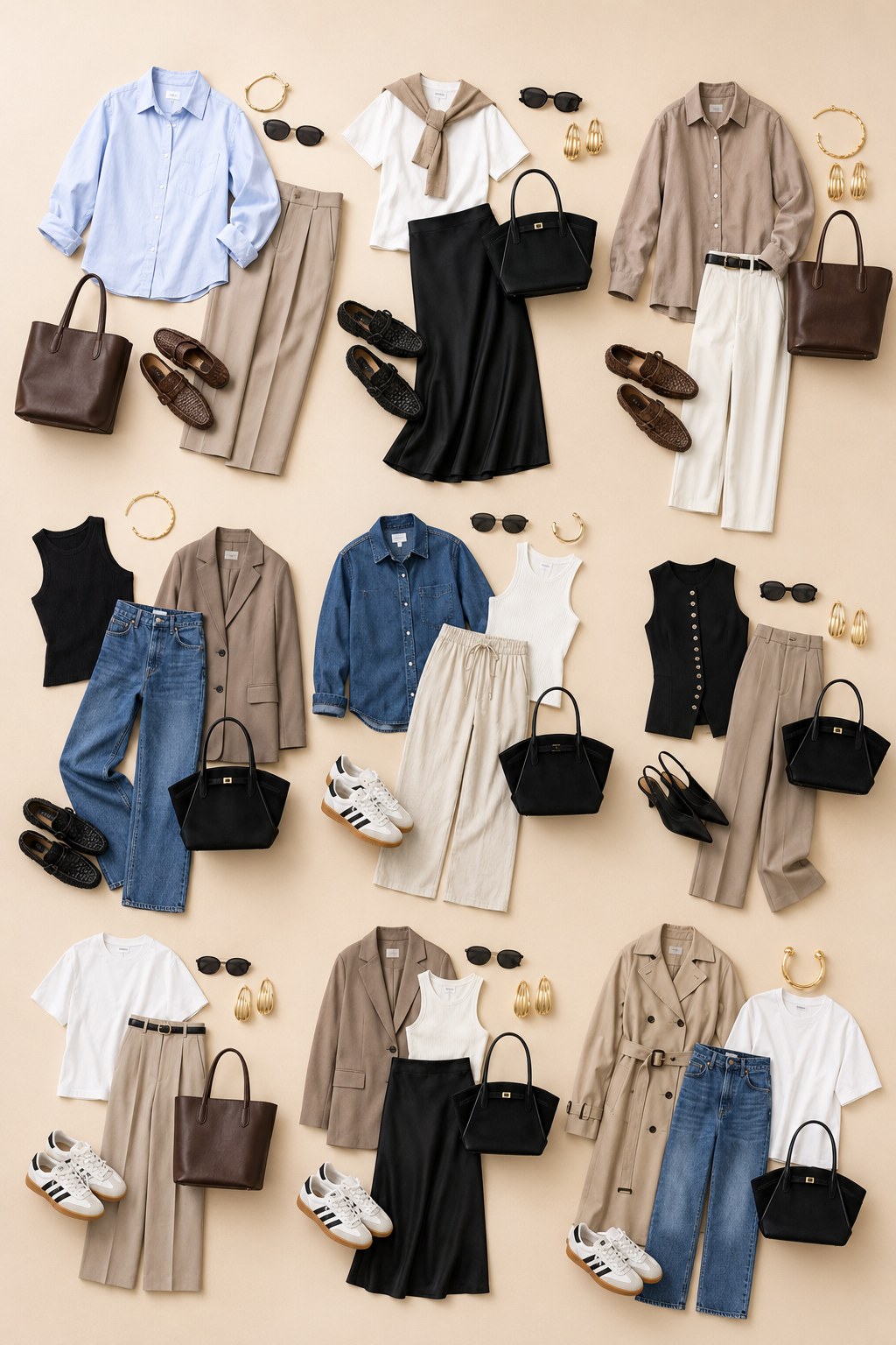 Flat lay grid of mix-and-match spring airport outfit combinations in a neutral capsule palette