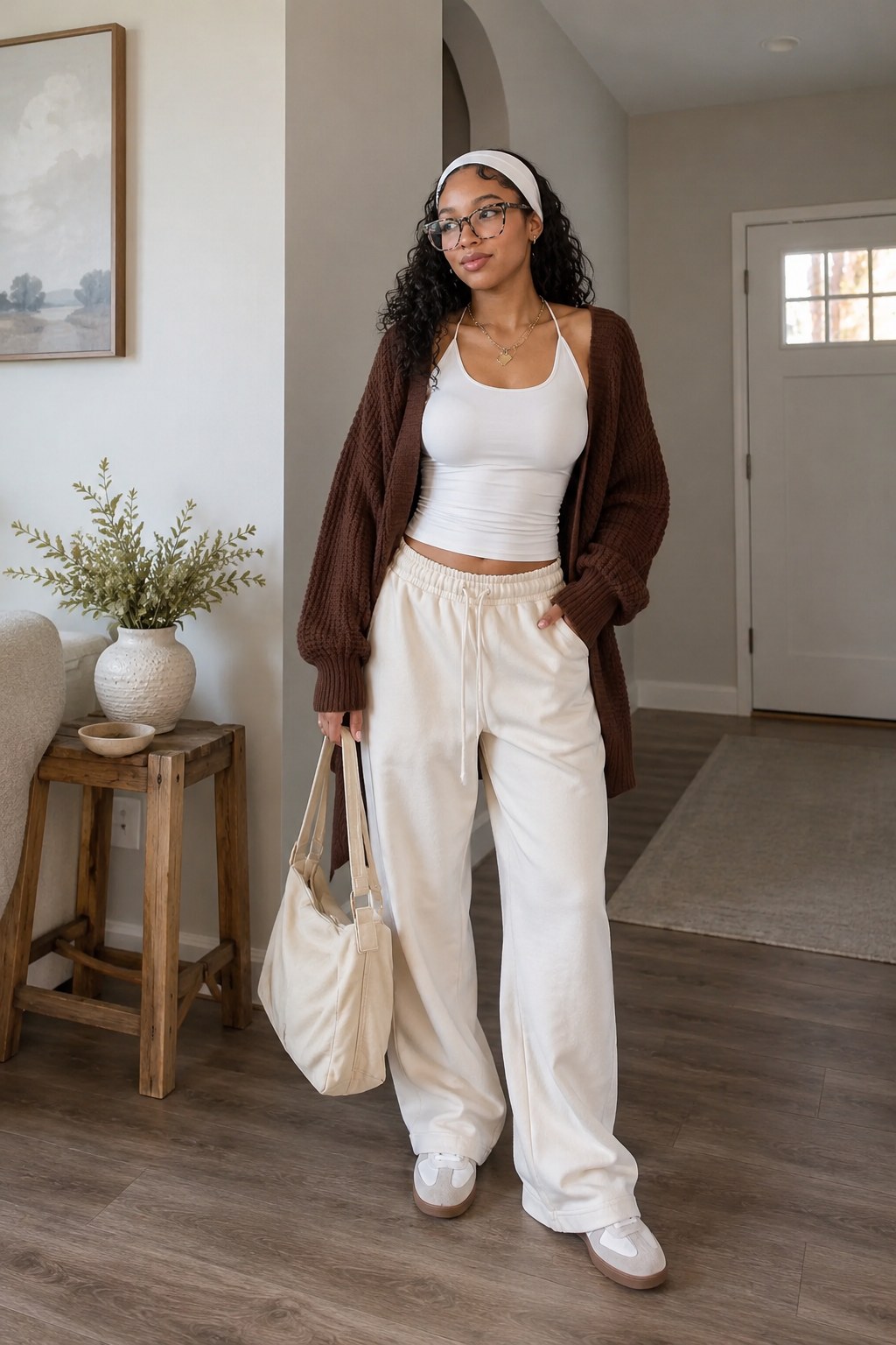 Brown cardigan over cream sweatpants and a white tank for a cozy spring airport outfit