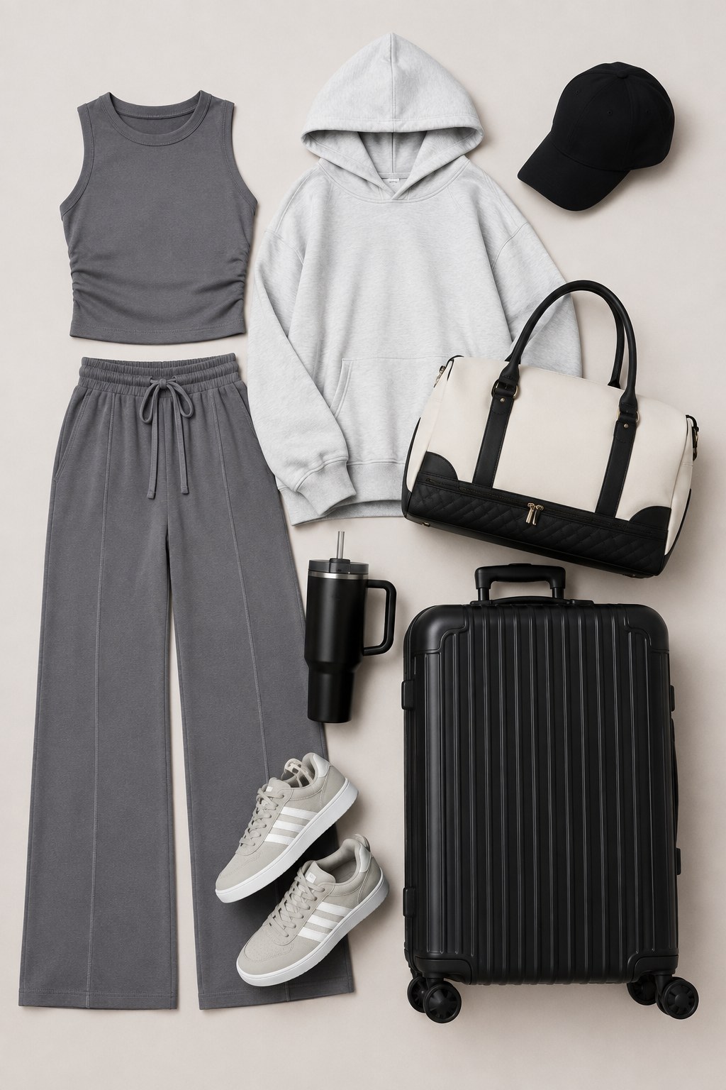 Grey matching sweatsuit spring airport outfit flat lay with a duffel bag and travel tumbler