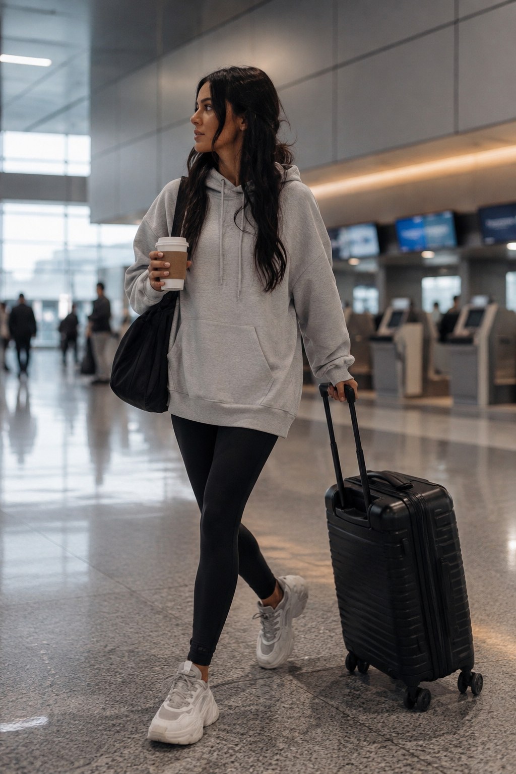Oversized grey hoodie and leggings spring airport outfit with sneakers and a coffee in hand