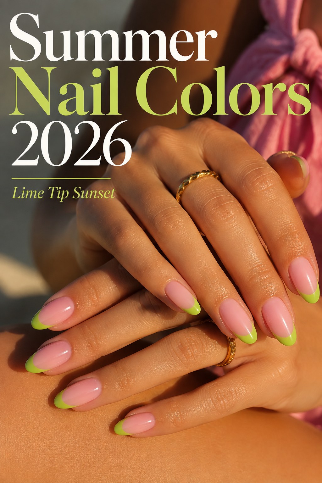 Lime tip sunset nails, a nude french manicure with lime green tips for summer 2026.
