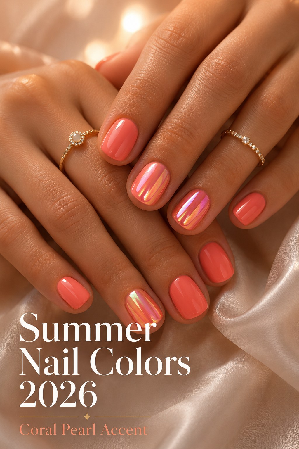 Coral pearl accent nails, coral polish with one holographic accent nail for summer 2026.