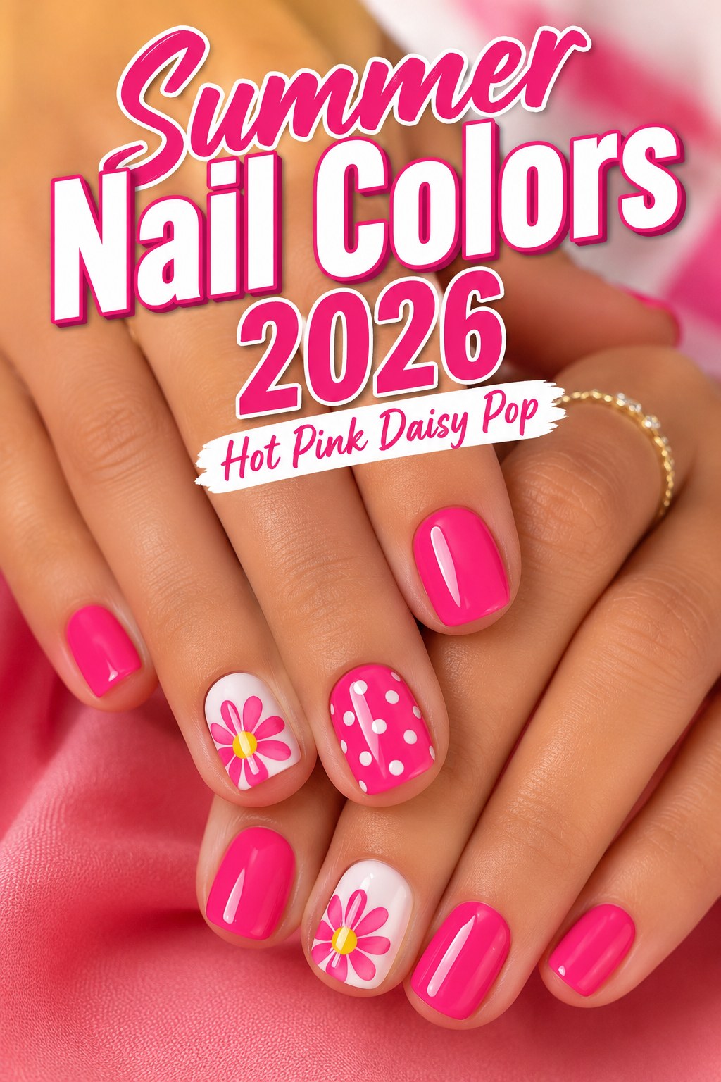 Hot pink daisy pop nails with daisy and polka dot accents, a bold summer nail color 2026 look.