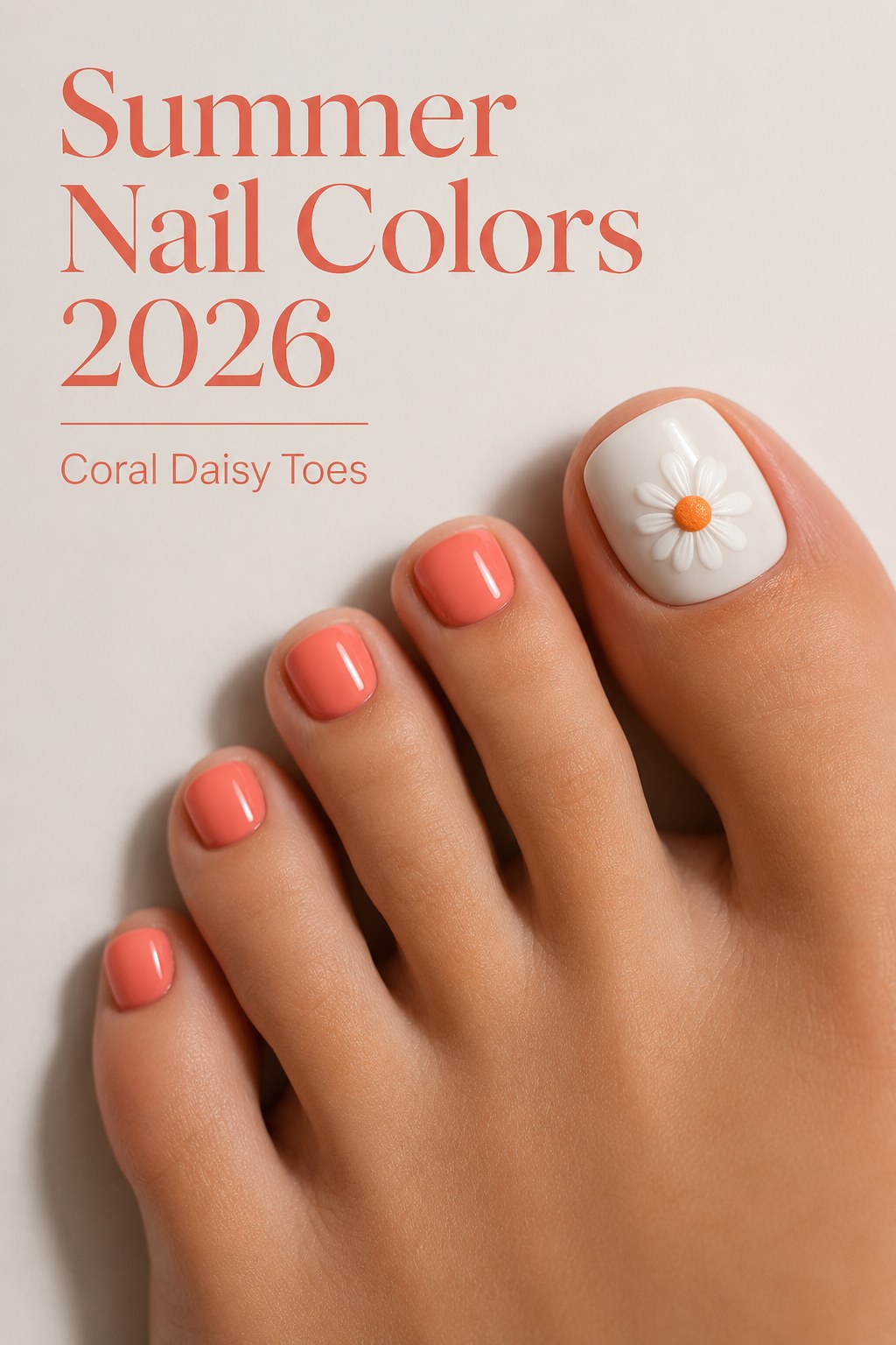 Coral daisy toe nails with a white daisy accent, a cheerful summer nail color 2026 pedicure.