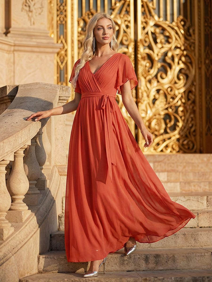 Terracotta chiffon wrap dress wedding guest