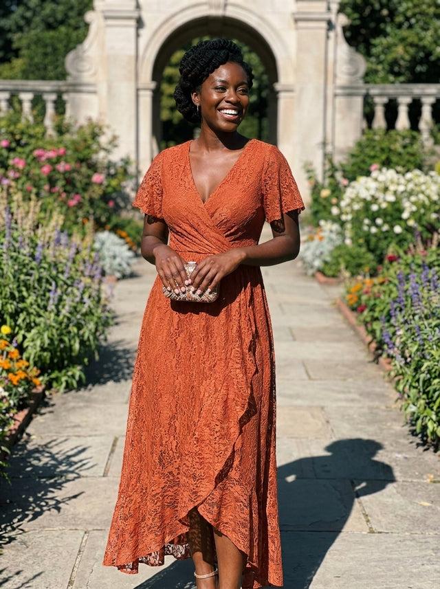 Terracotta lace wedding guest dress