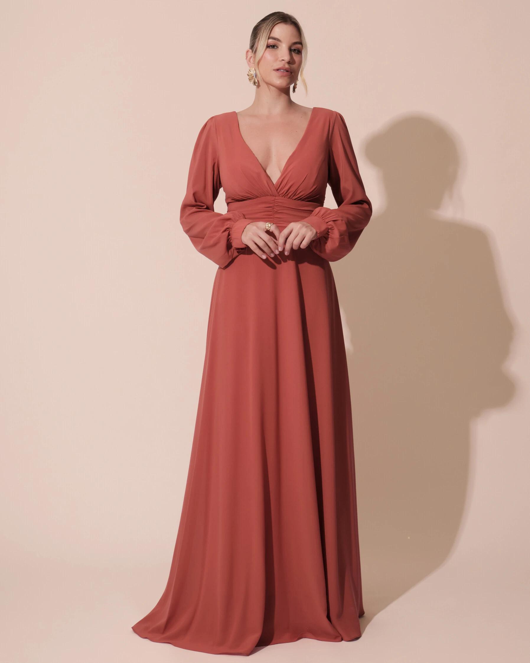 Terracotta long sleeve evening dress