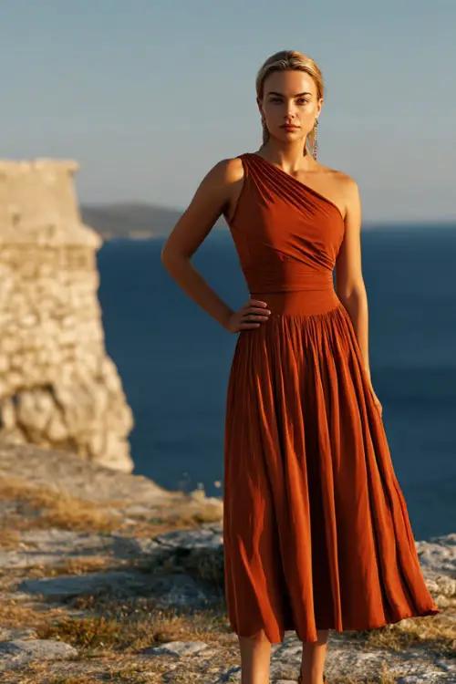 Terracotta one shoulder dress wedding guest
