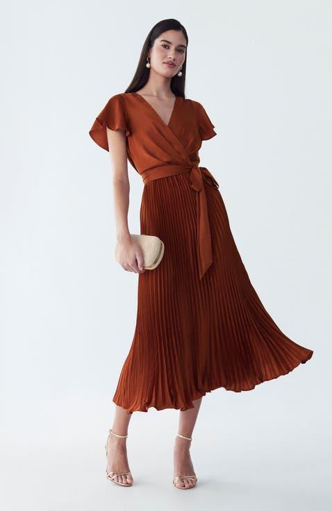 Terracotta pleated midi wedding dress