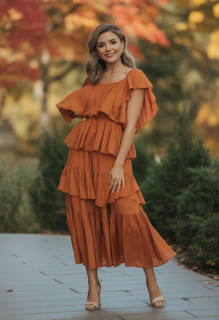 Terracotta ruffled wedding guest dress
