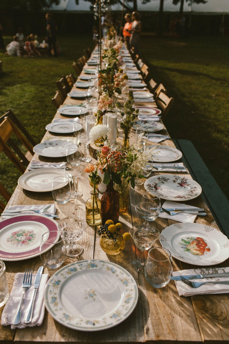 Thrifty backyard wedding table setting