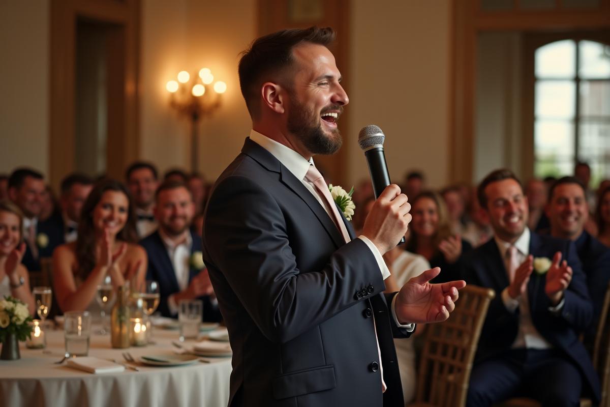 Confident wedding speaker addressing crowd