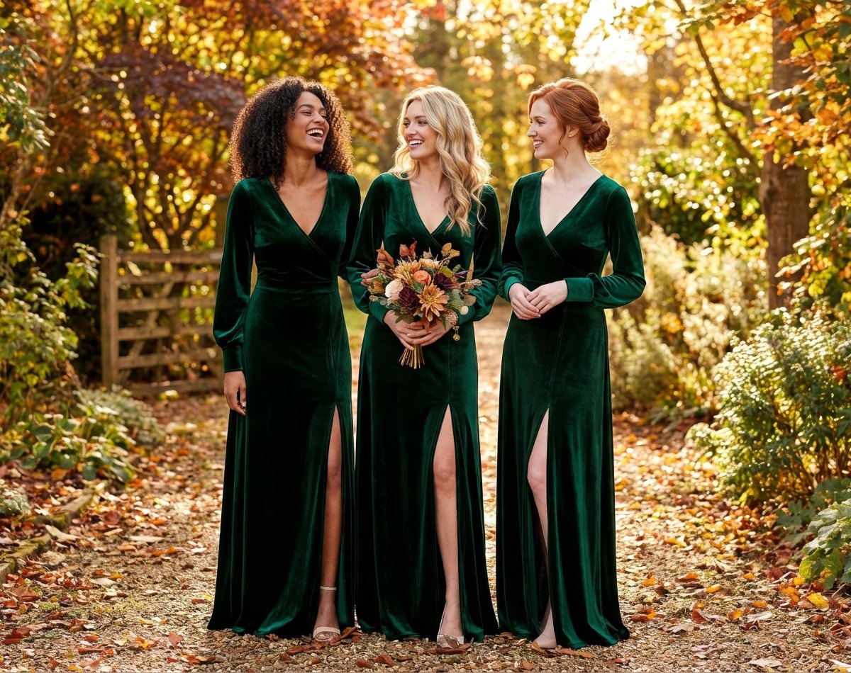 Green velvet bridesmaid dresses for a fall ceremony