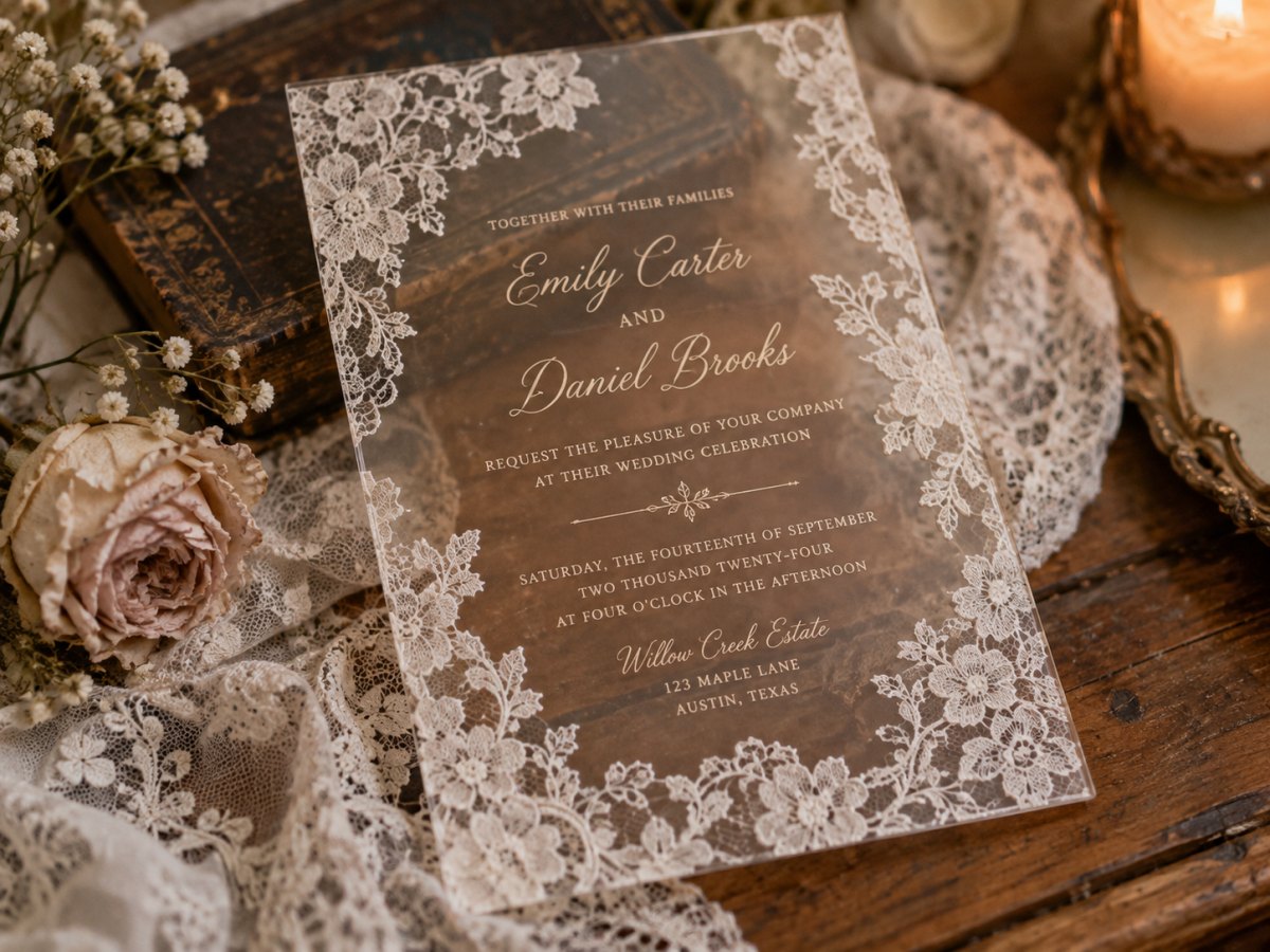 Vintage clear lace wedding invitation