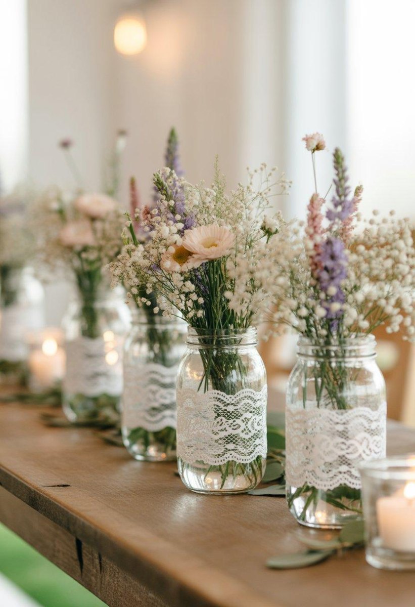 Lace wrapped mason jars wedding decor