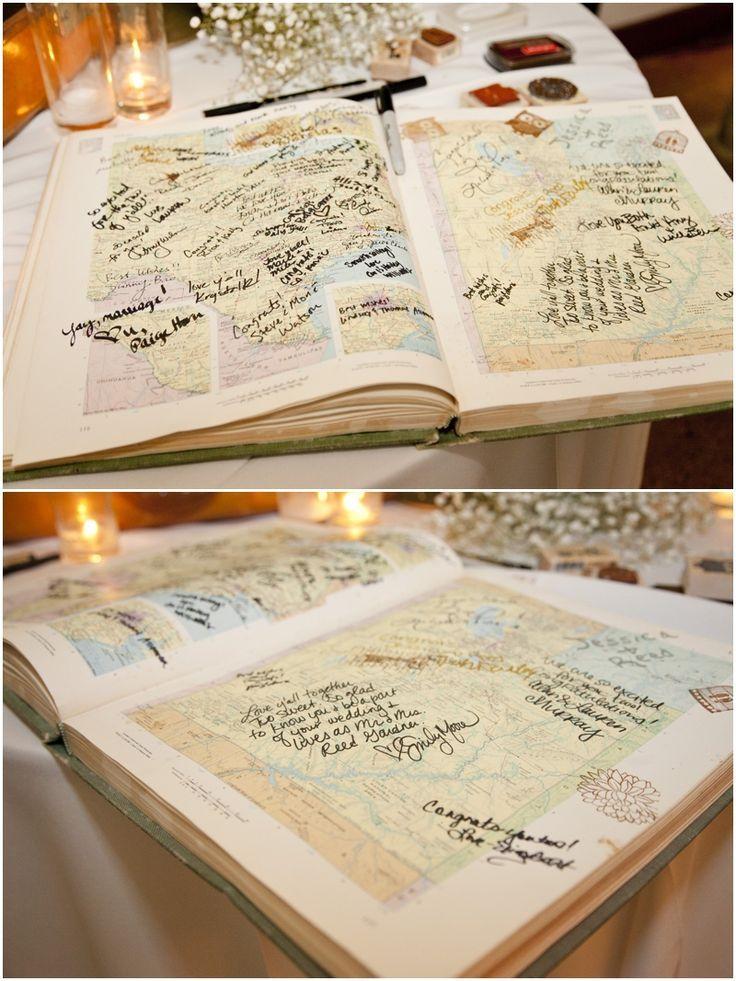 Vintage map wedding guest book with signatures