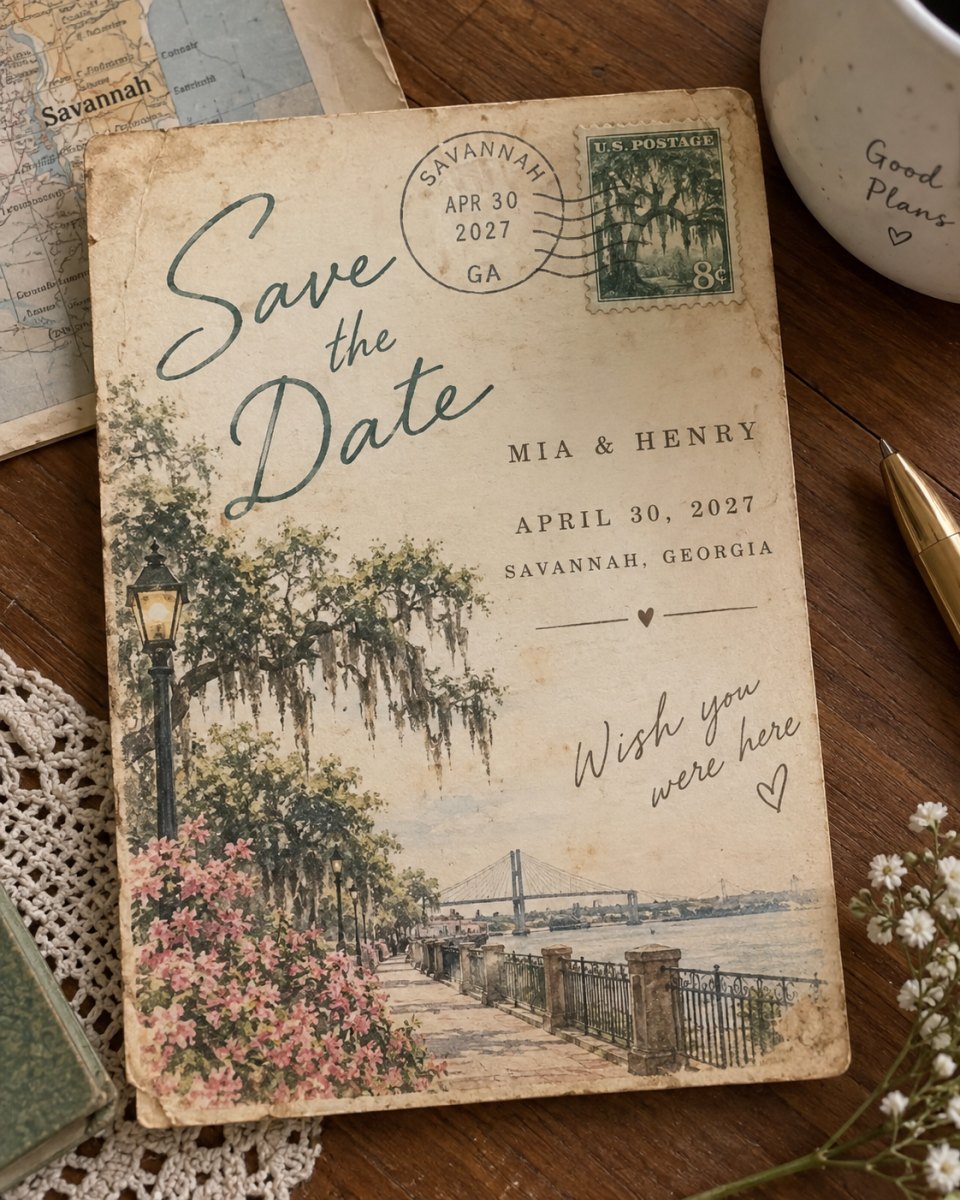 Vintage postcard save date card