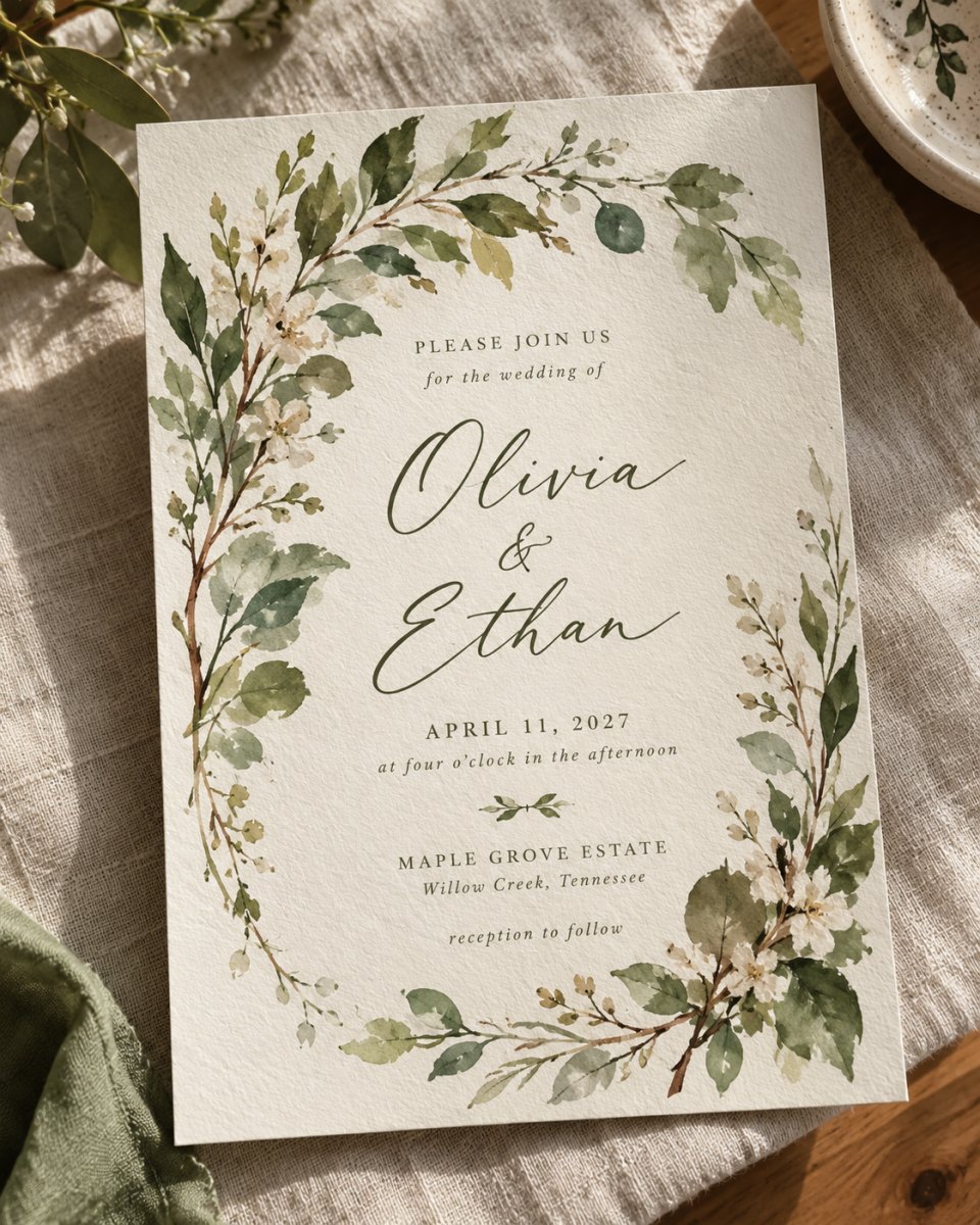 Watercolor botanical wedding invitation