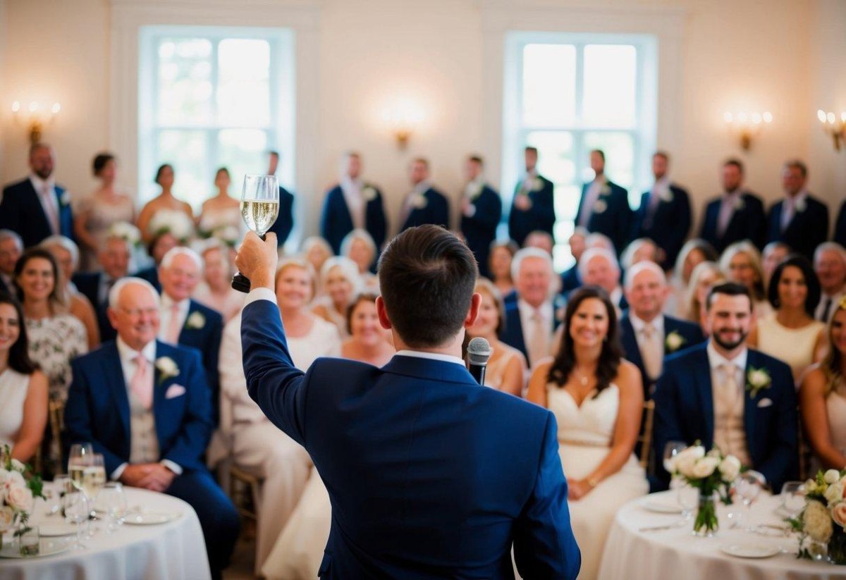 Guests raising glasses wedding toast