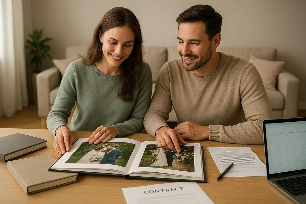 Couple reviewing wedding album photos with photographer planning details