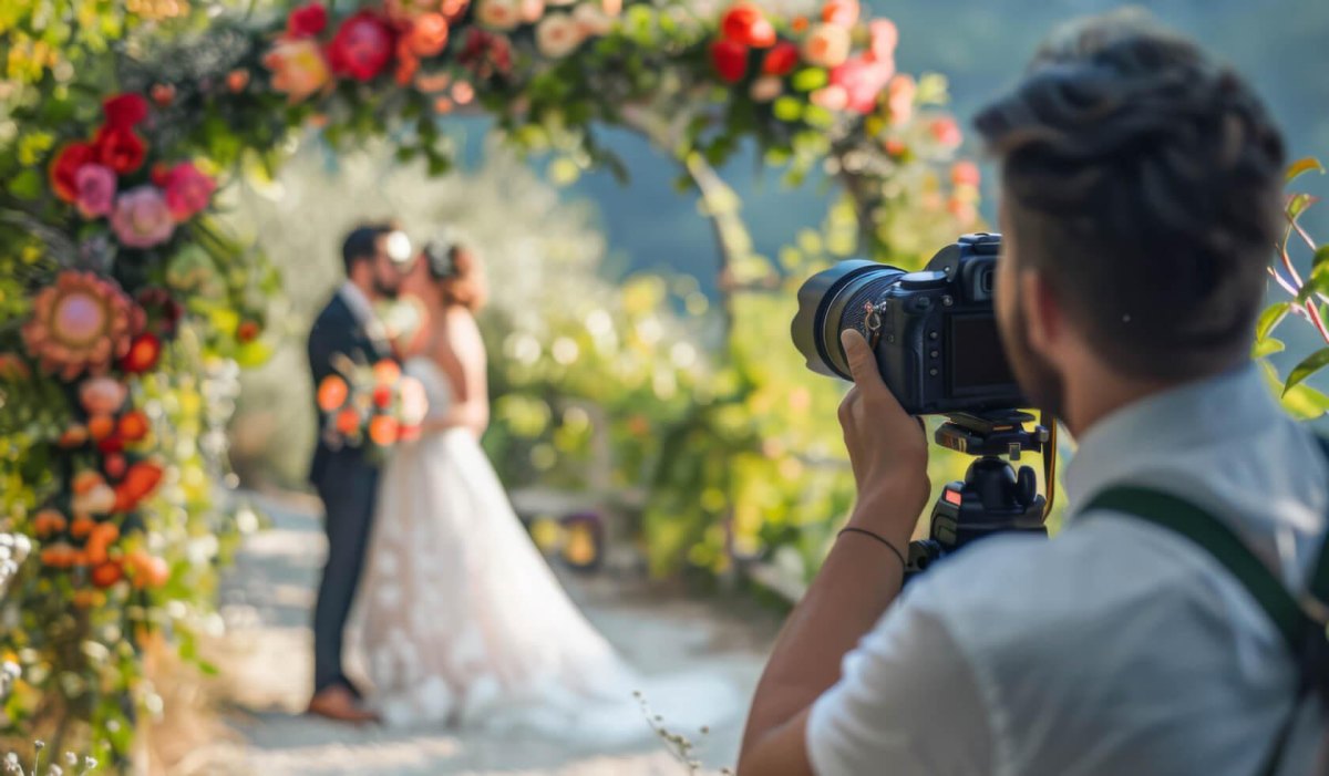 Wedding photographer discussing creative vision with wedding couple