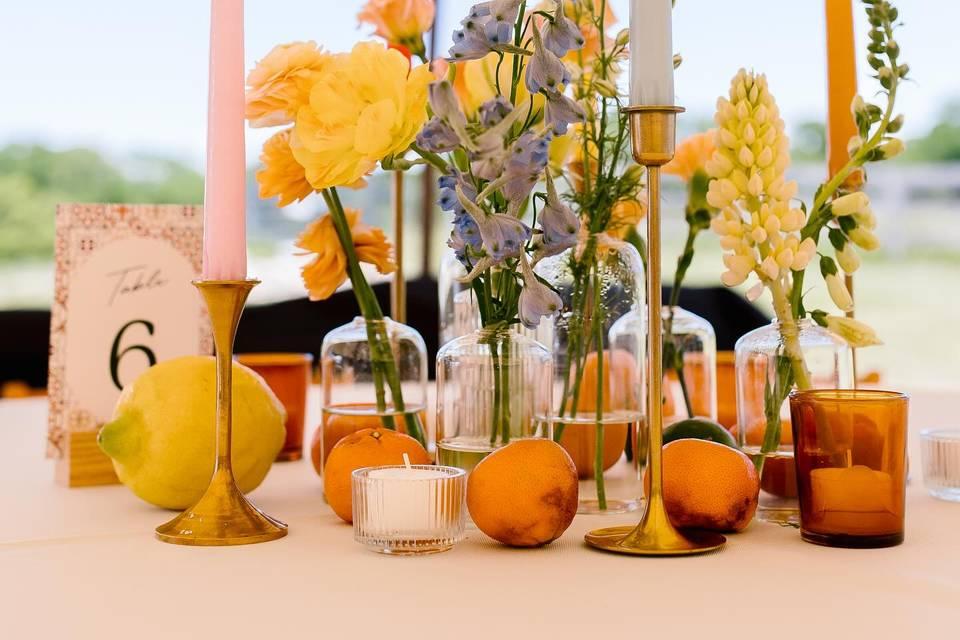 Wildflower fruit wedding centerpiece