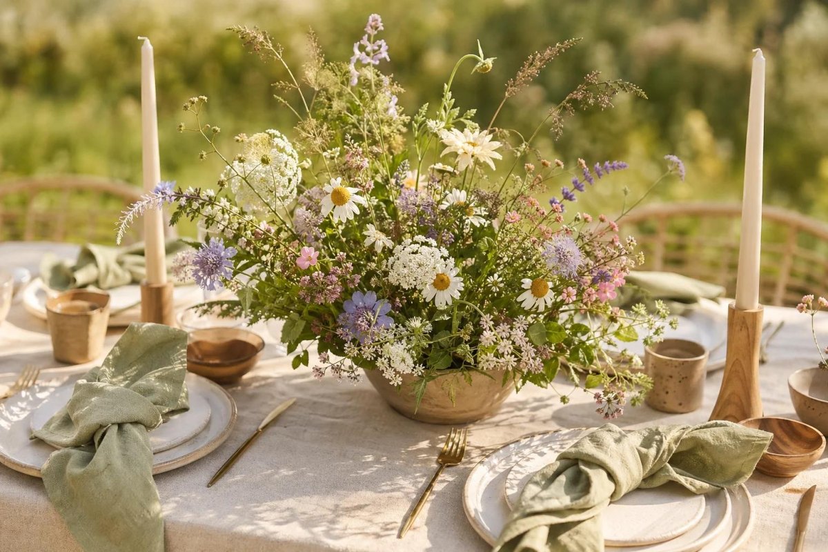 Wildflower greenery wedding tablescape